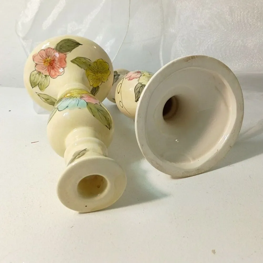 Vintage Hand Painted Floral Ceramic Taper Candle Holders Set Pair Yellow Roses